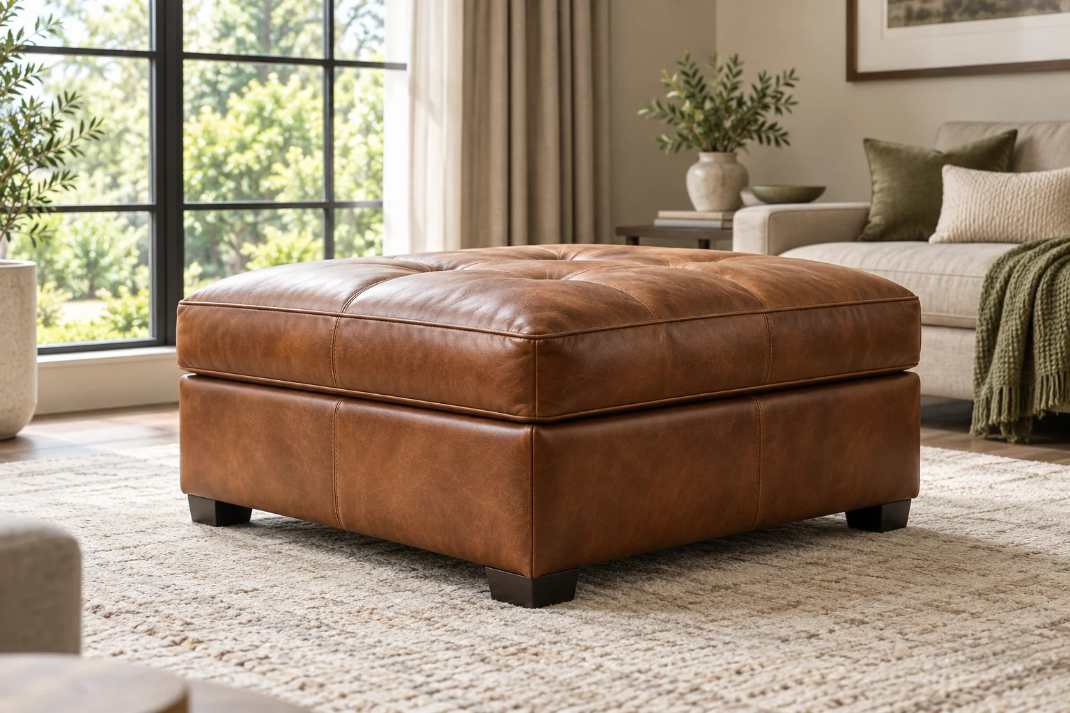 An oversized cognac square leather ottoman in a bright room