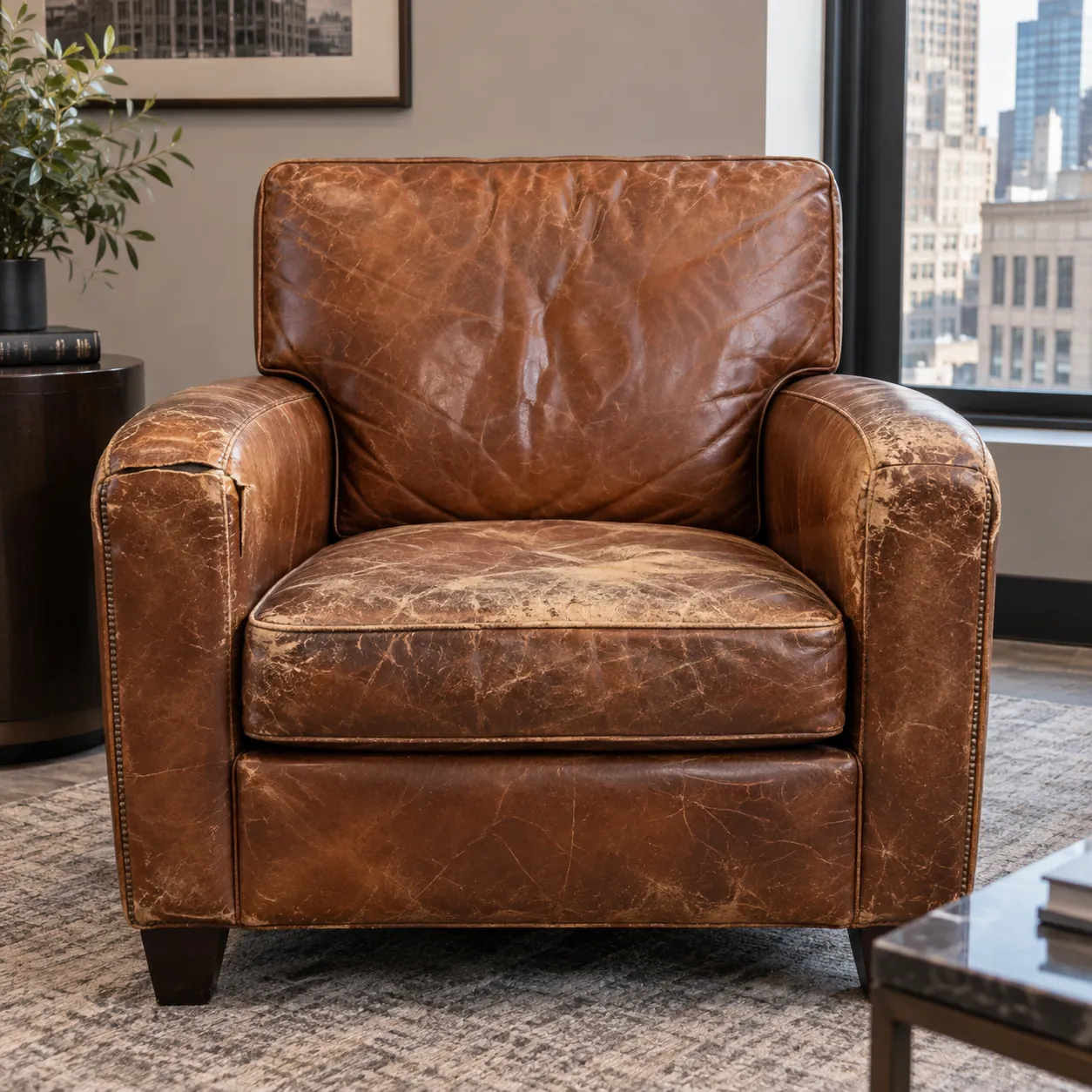 Worn cognac leather armchair
