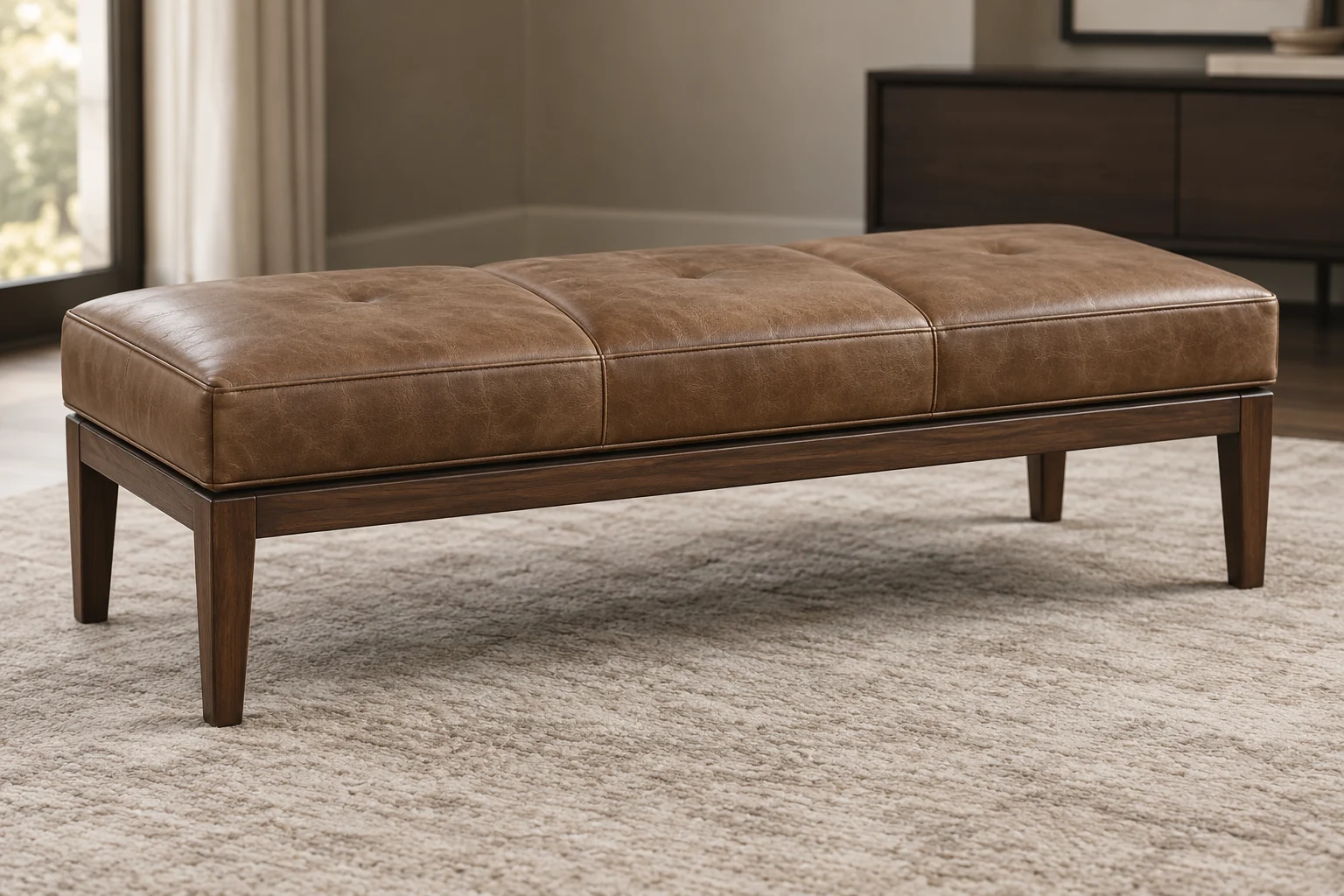 A cognac leather bench ottoman on a dark walnut frame