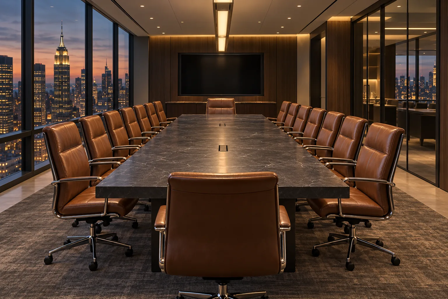 A long NYC boardroom with restored cognac leather conference chairs on both sides
