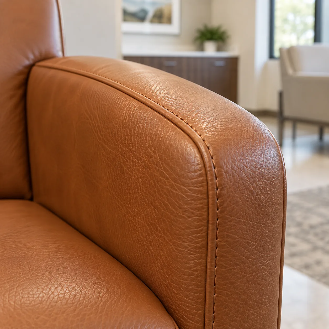 The cognac leather arm of a consultation chair