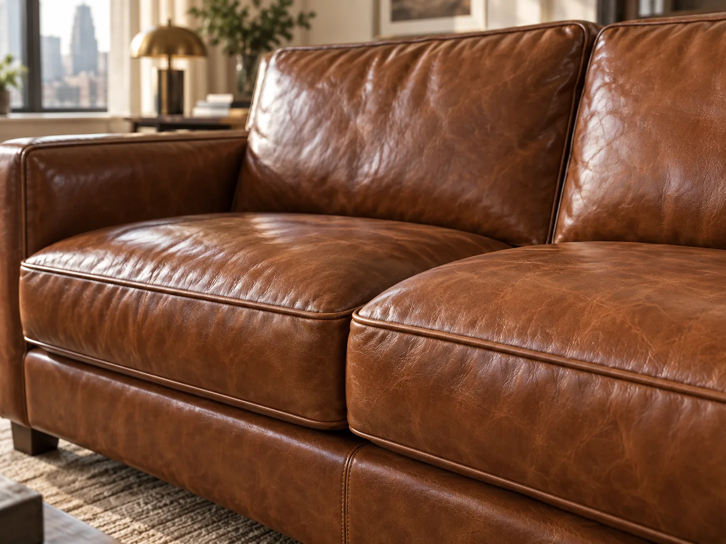 Cognac sofa with sunken cushions
