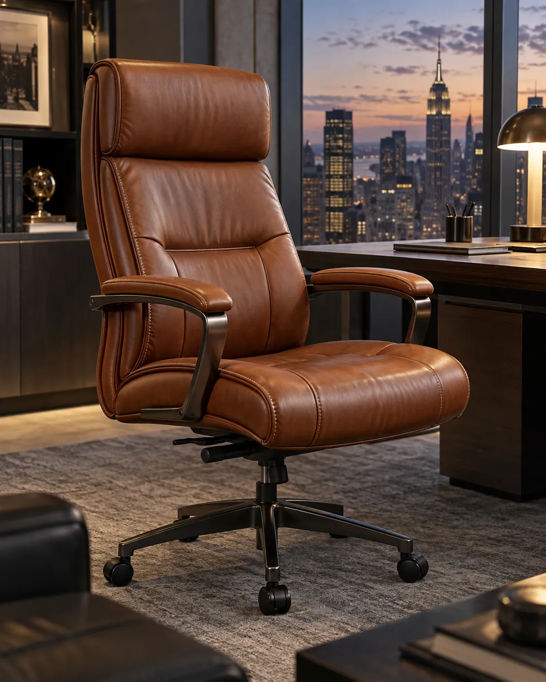 A cognac leather executive chair reupholstered, in a skyline office