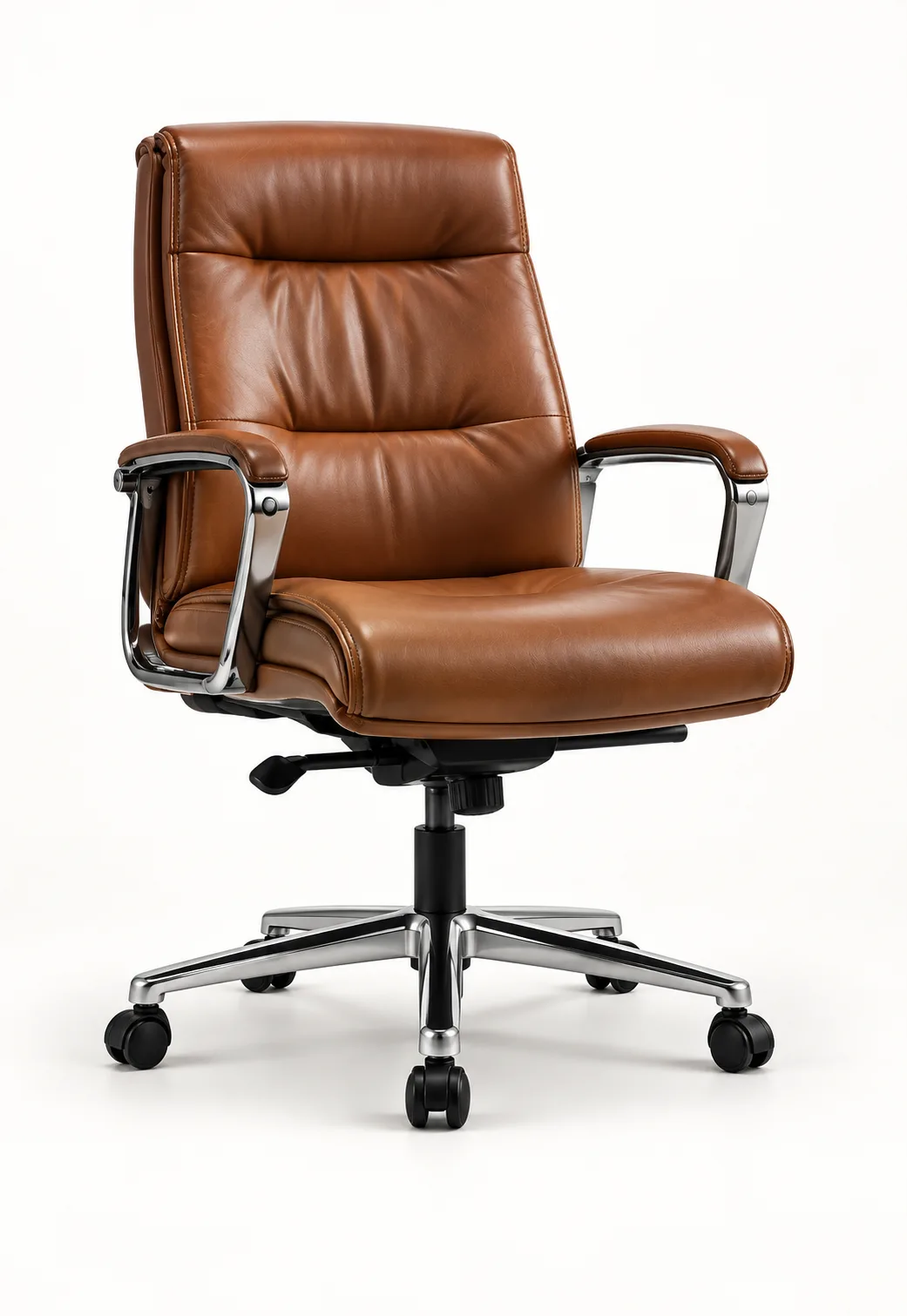 High-back cognac leather executive chair with chrome arms