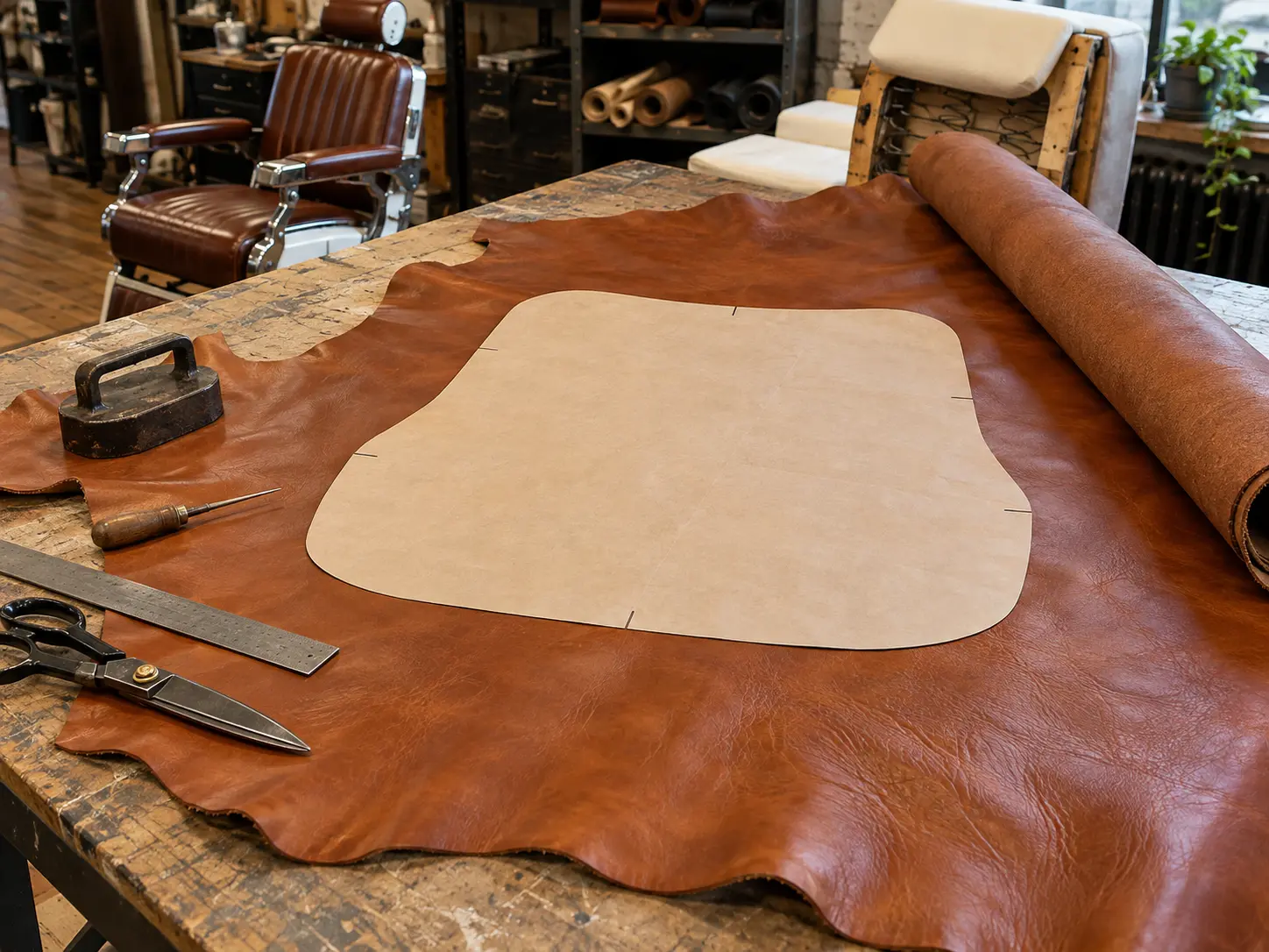 A cognac leather hide with a paper pattern for a barber chair seat