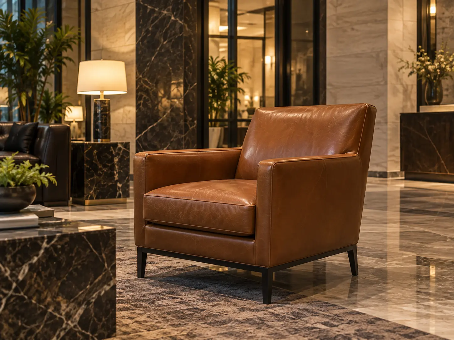 A cognac leather lounge chair in a marble lobby
