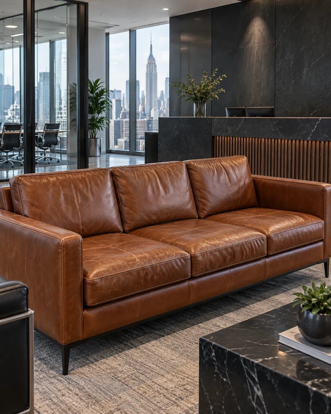 A cognac leather three-seat sofa in an office lobby