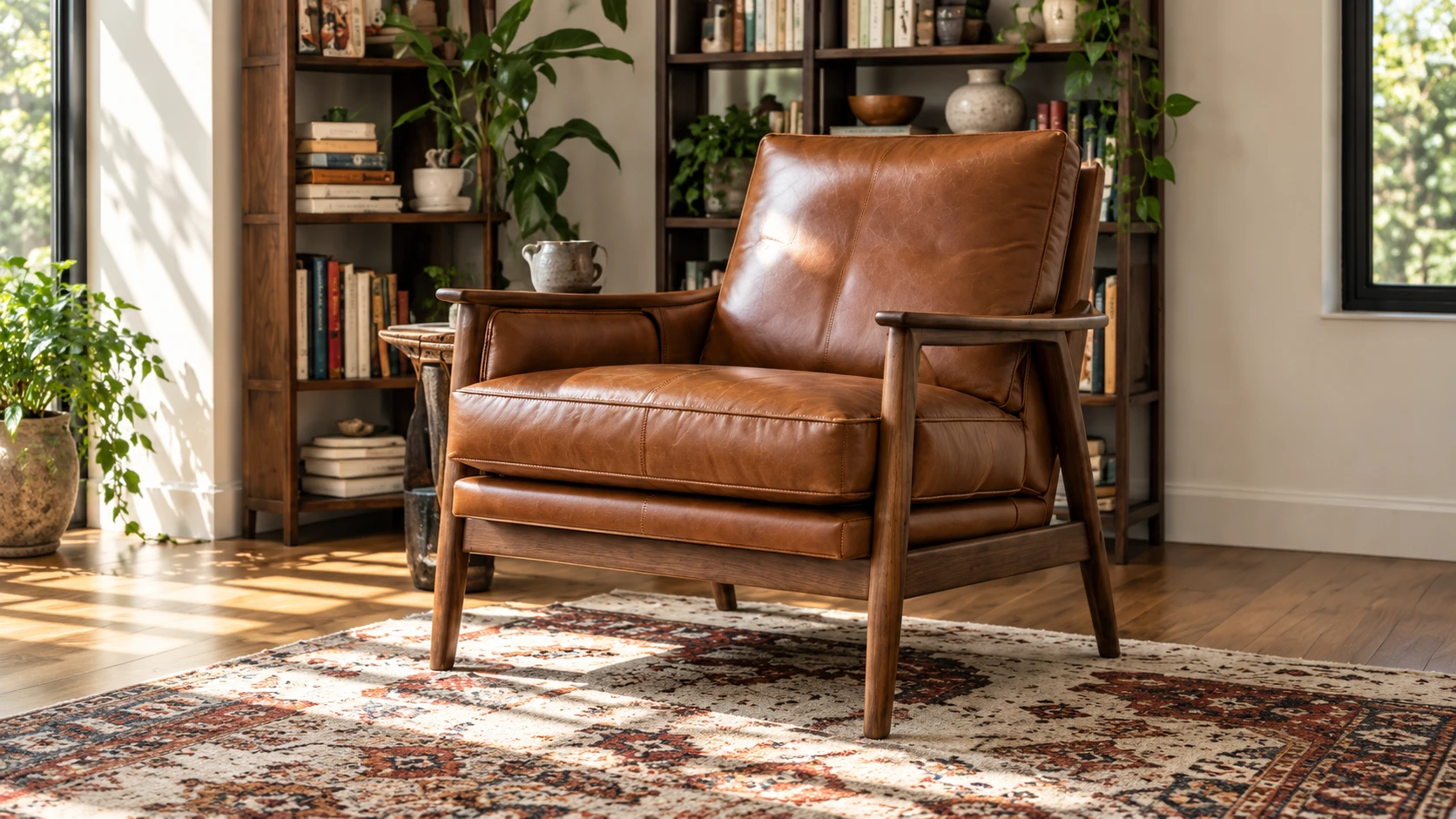 Cognac leather lounge chair on a wood frame