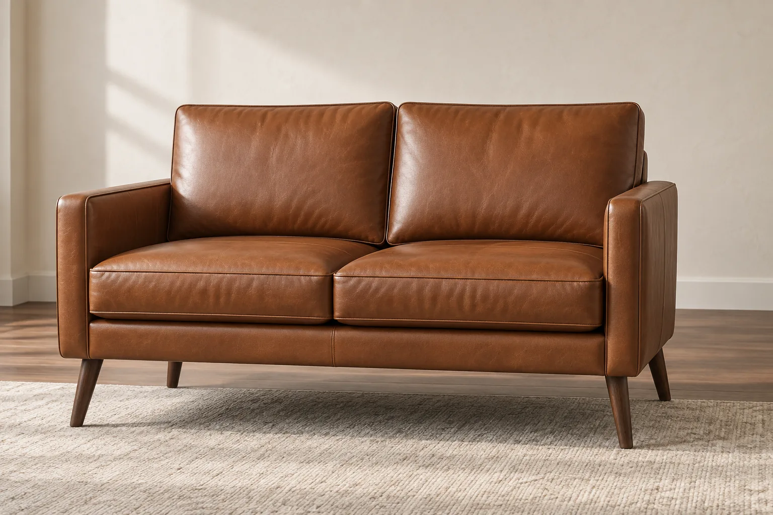 Cognac leather loveseat on splayed legs