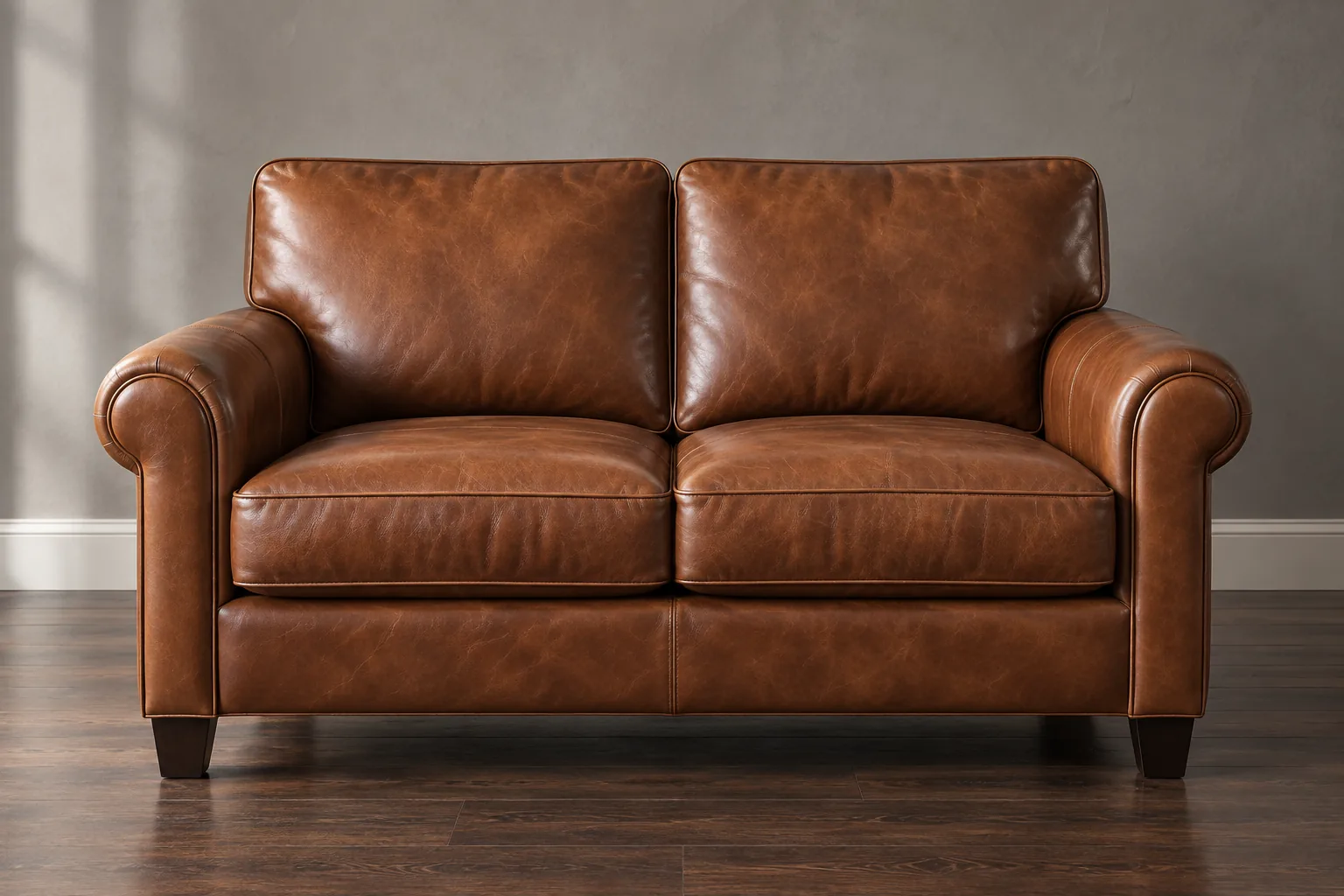 Leather loveseat repair in NYC: brown leather two-seater with rolled arms and two seat cushions, every panel back to one colour
