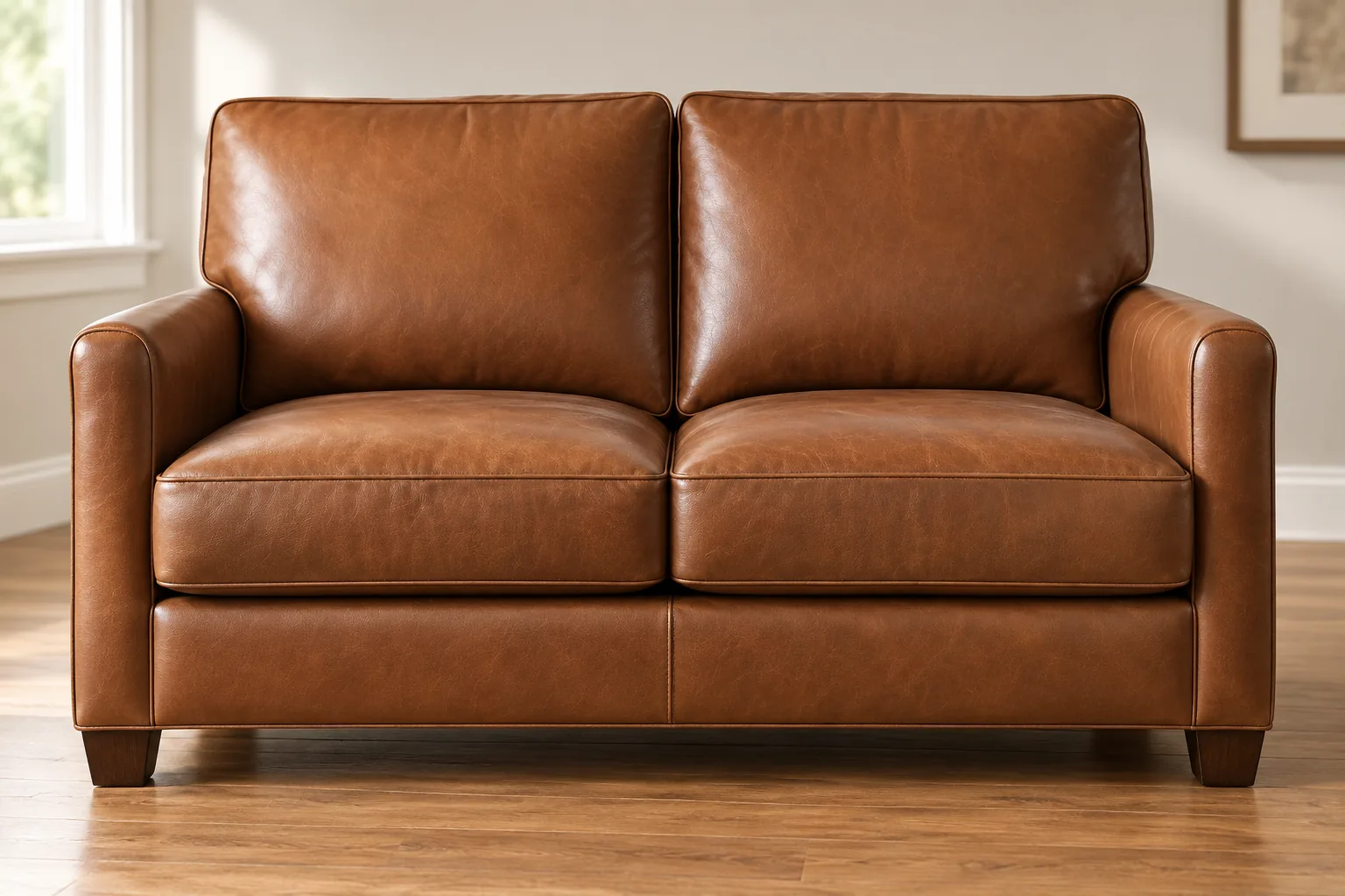 Leather repair Queens: a cognac leather loveseat in a bright living room