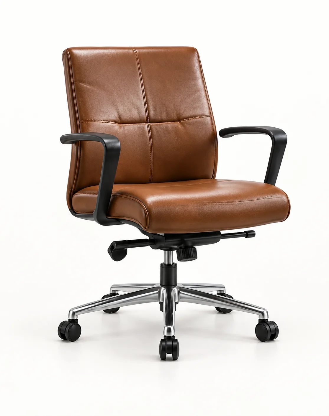 Mid-back tan leather task chair with black arms