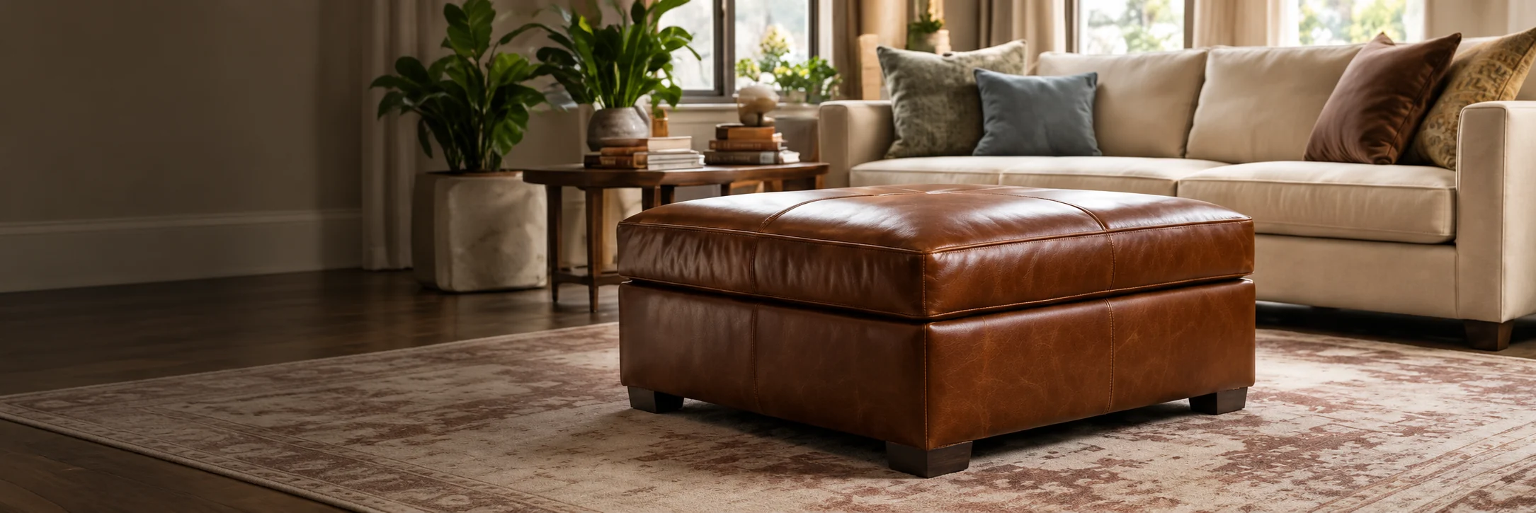 Cognac leather ottoman in a living room