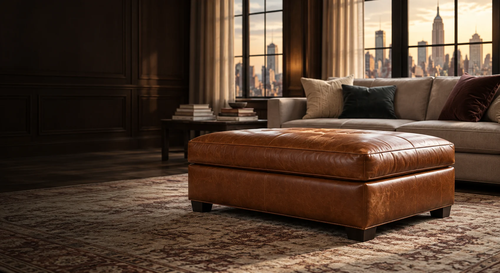 Cognac leather ottoman in an apartment