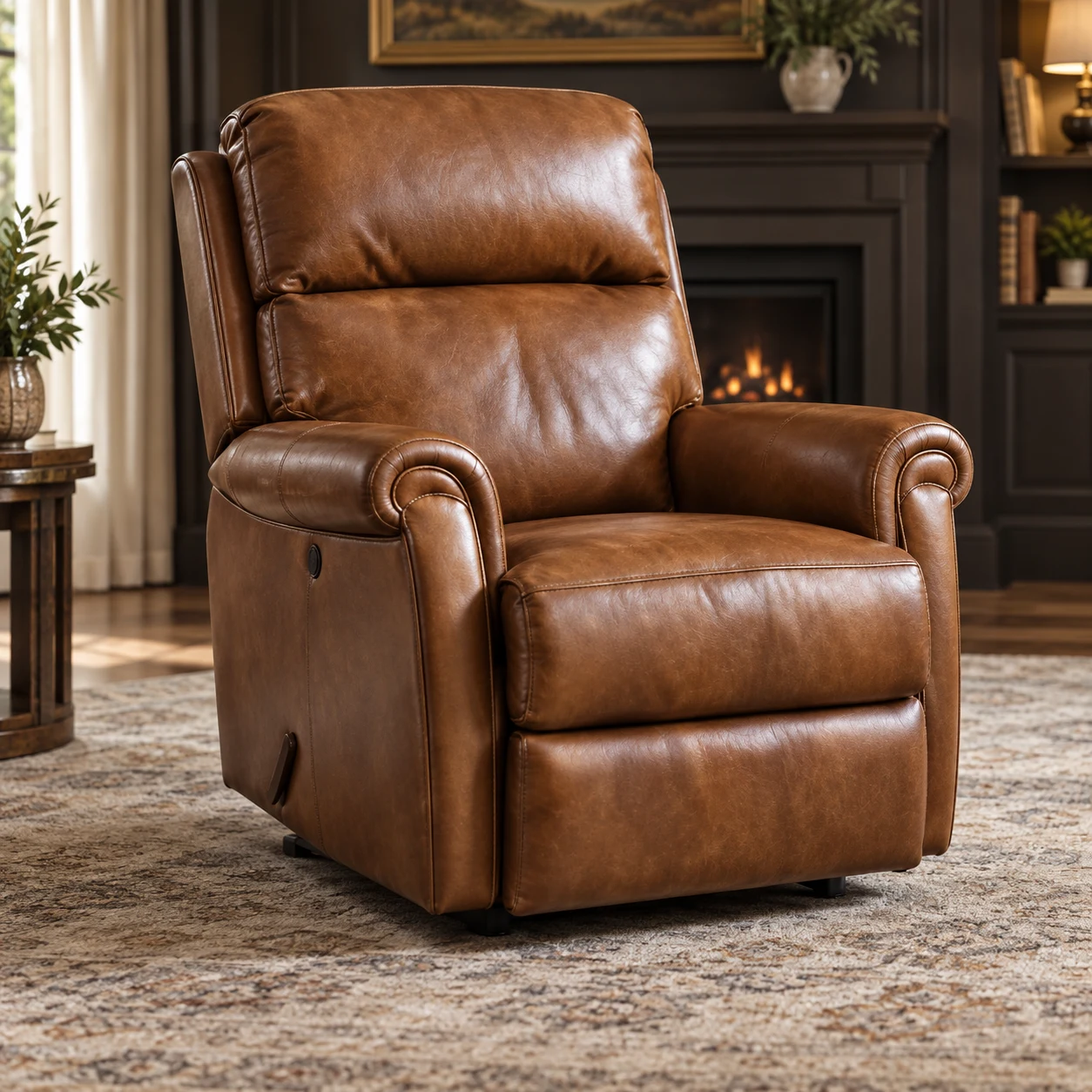 Cognac leather recliner beside a lit fireplace