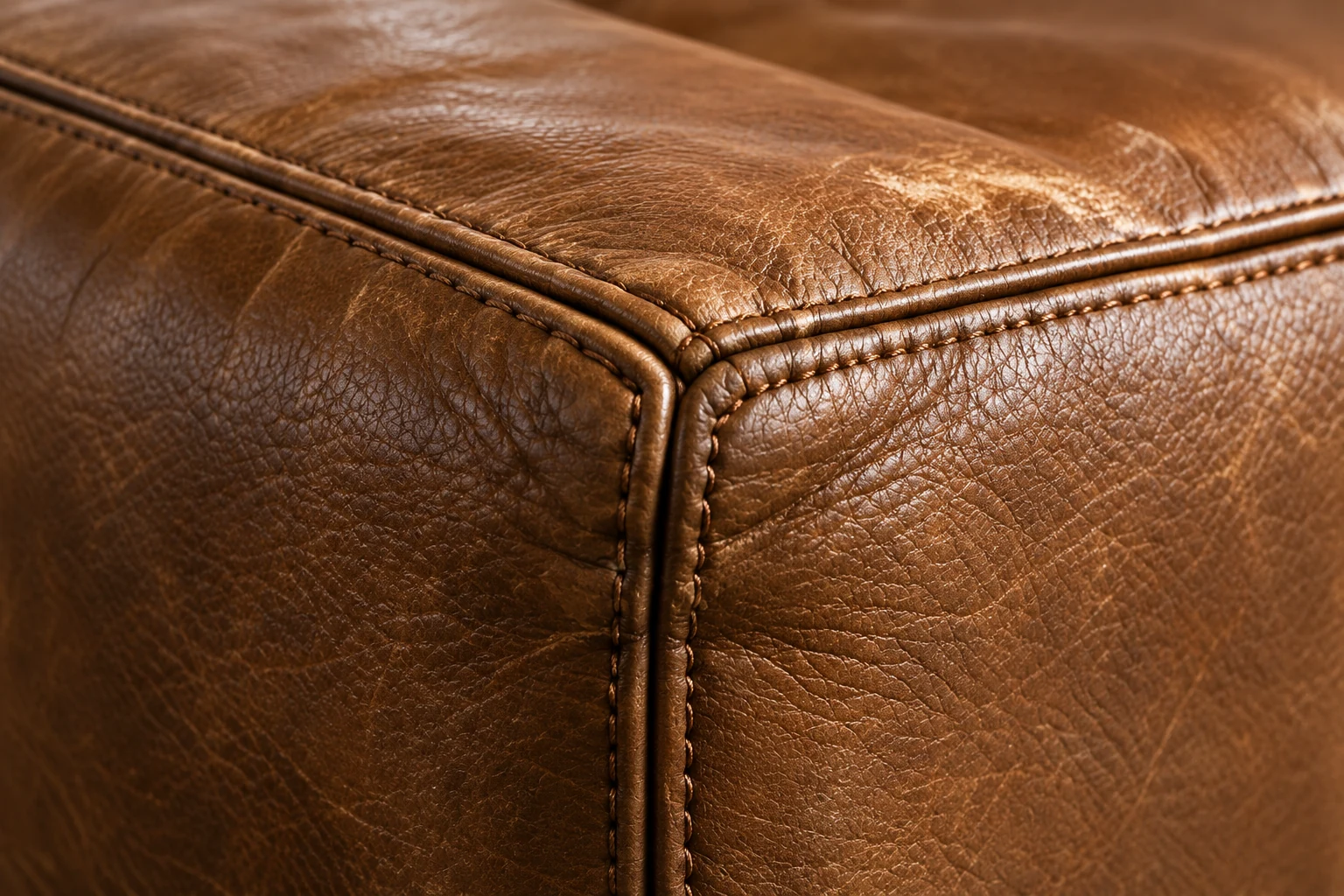 Double-stitched corner on a cognac sectional