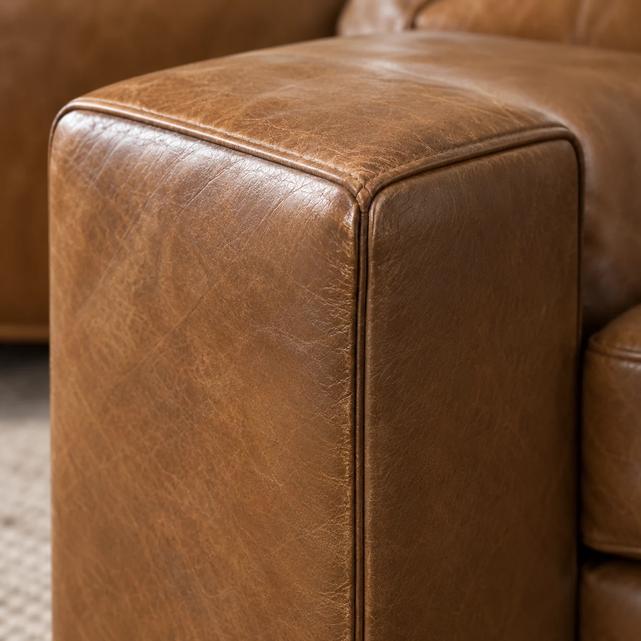 Level cognac sectional corner with aligned seams