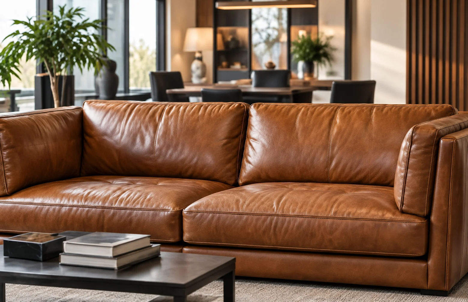 Long cognac leather sofa