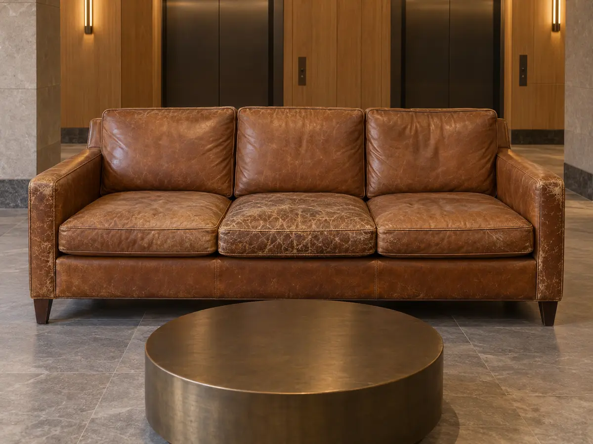 A cognac leather lobby sofa with worn, cracked seat cushions
