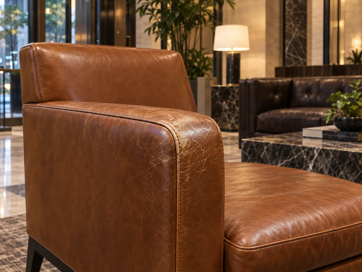 A cognac leather lounge chair with a scuffed, worn arm before repair
