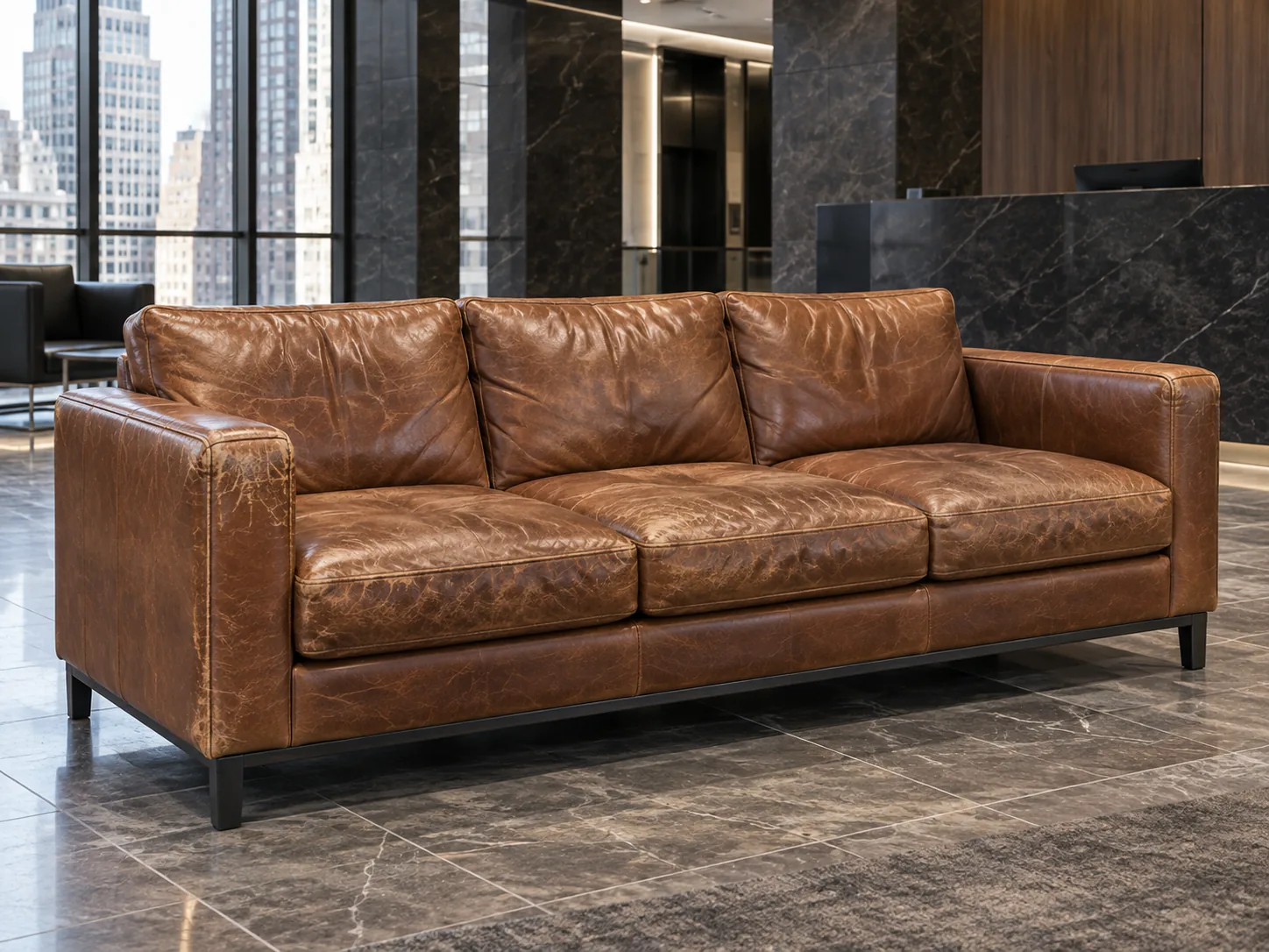 Worn cognac lobby sofa, before