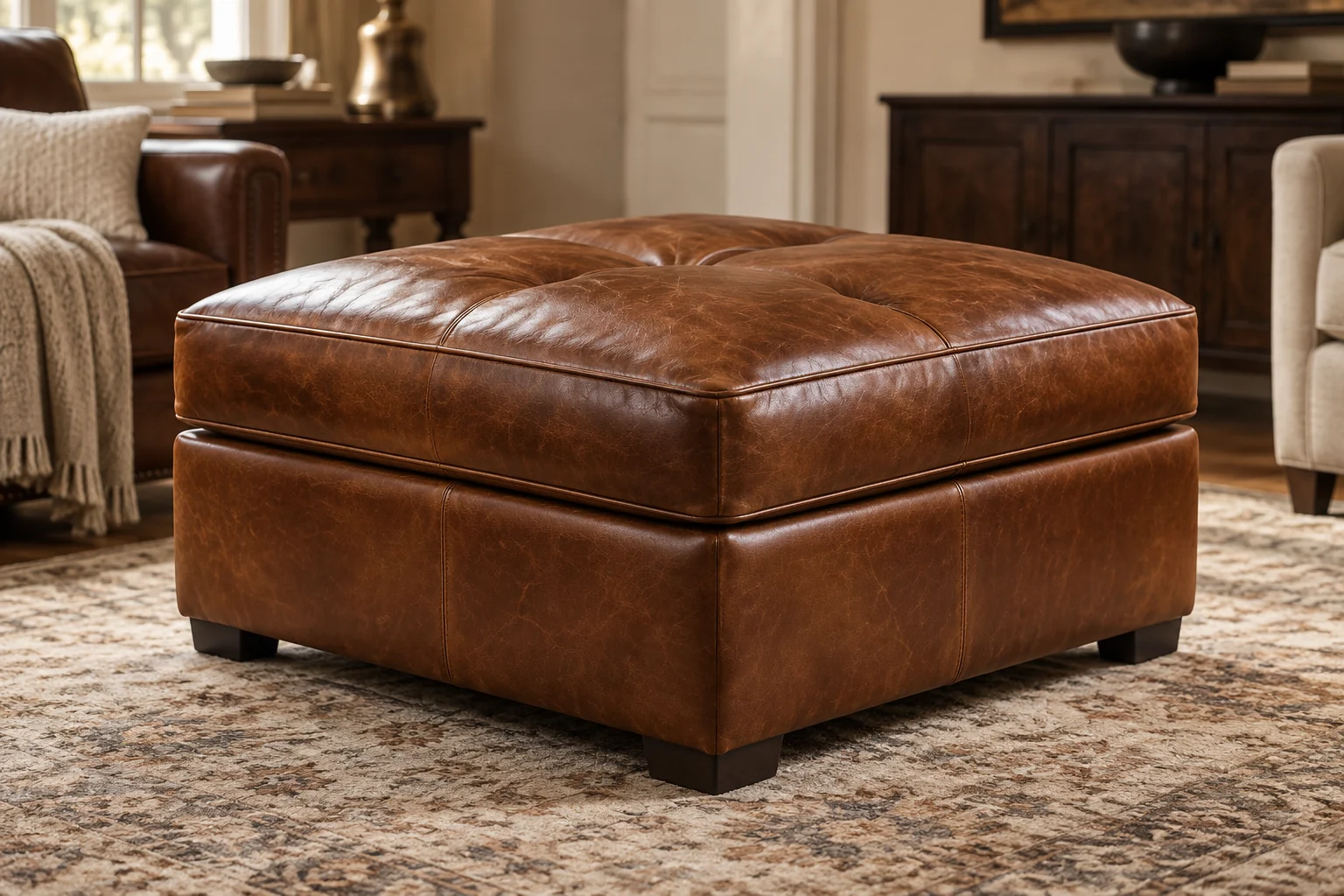 A cognac leather ottoman in a traditional room with dark wood furniture