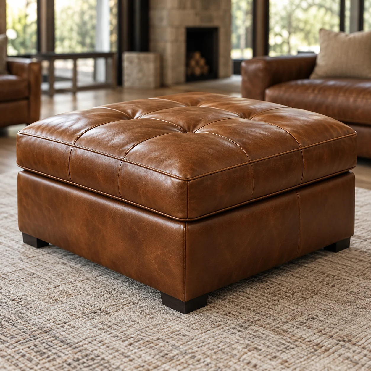 A cognac square tufted leather ottoman in a room with a stone fireplace