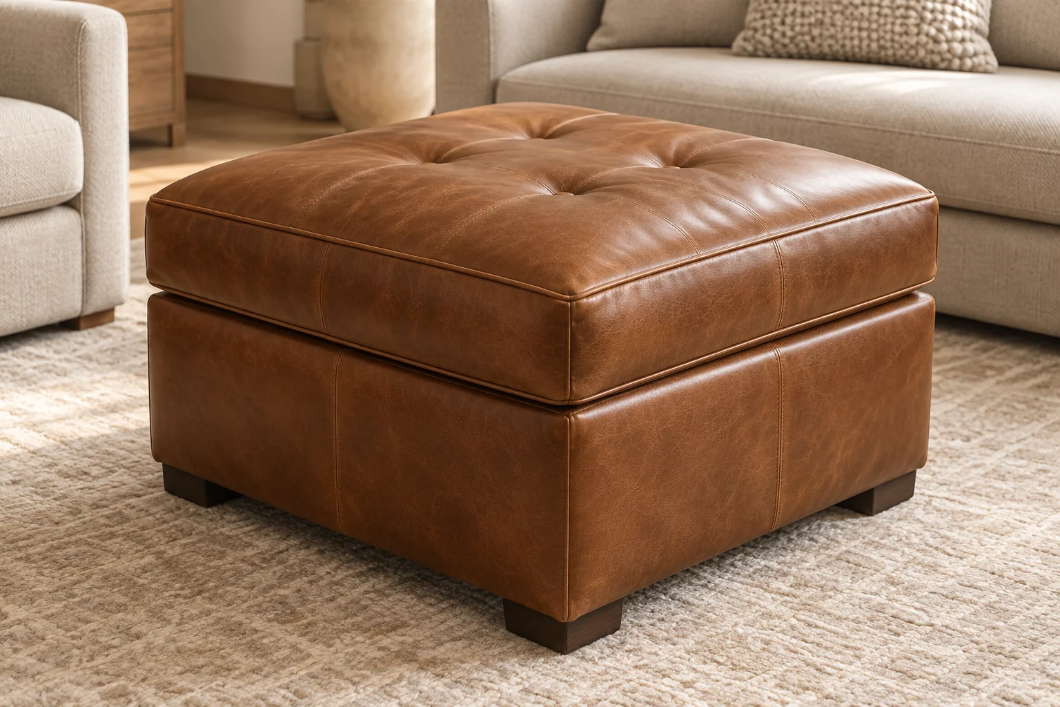 A cognac leather square storage ottoman beside a cream sofa