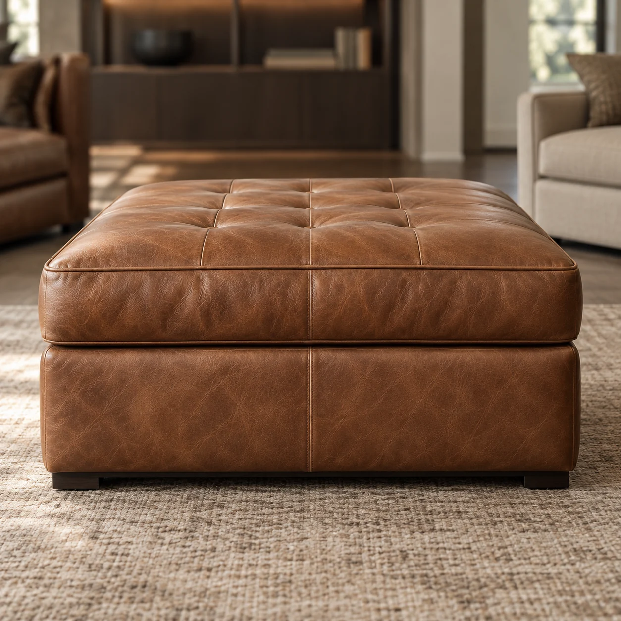 A cognac button-tufted square leather ottoman photographed straight on