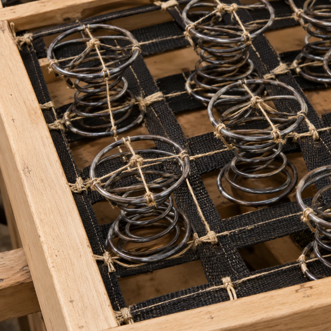 Coil springs hand-tied over black webbing inside a stripped wooden chair seat frame