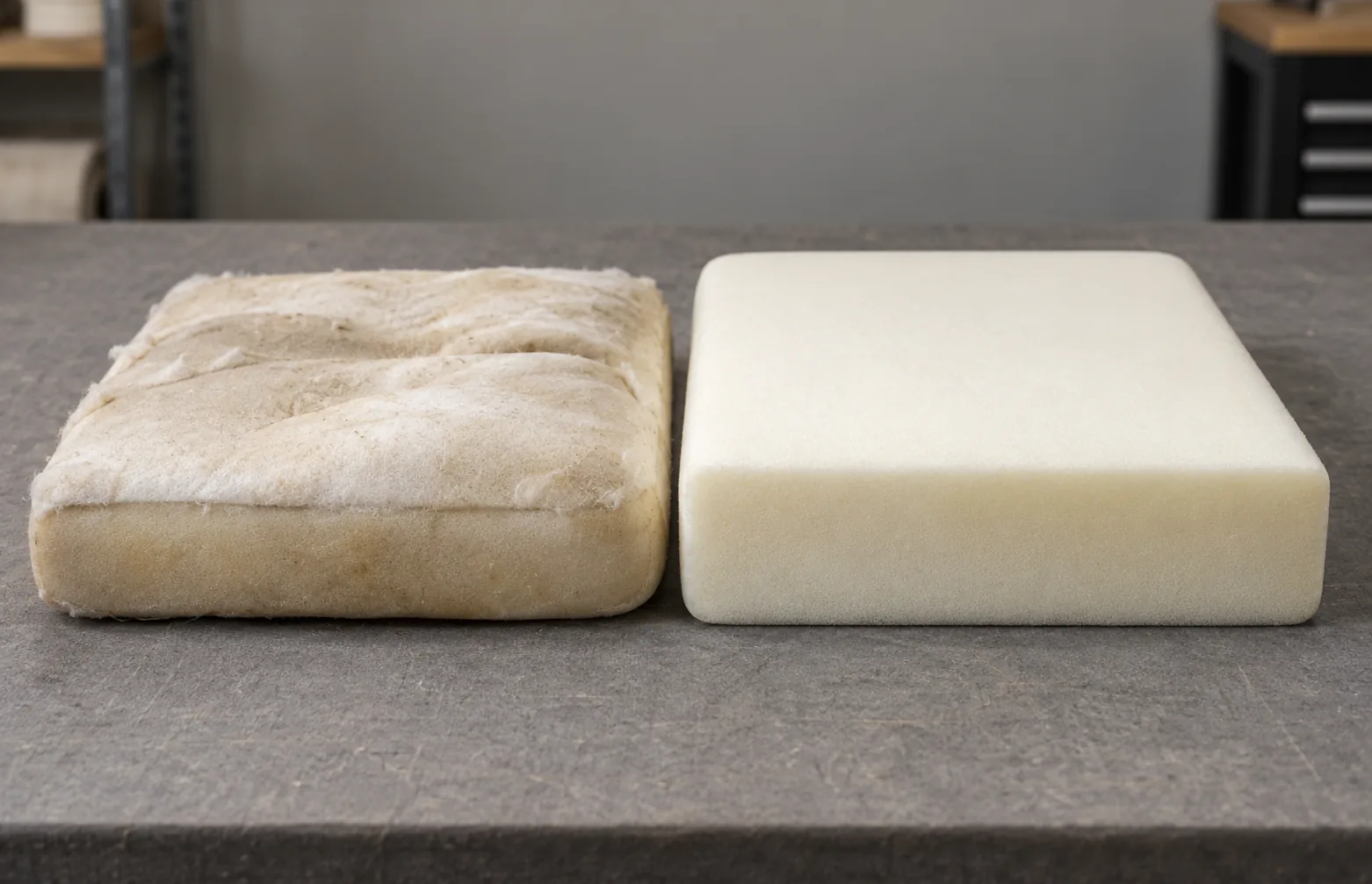 Collapsed old foam beside a new foam block