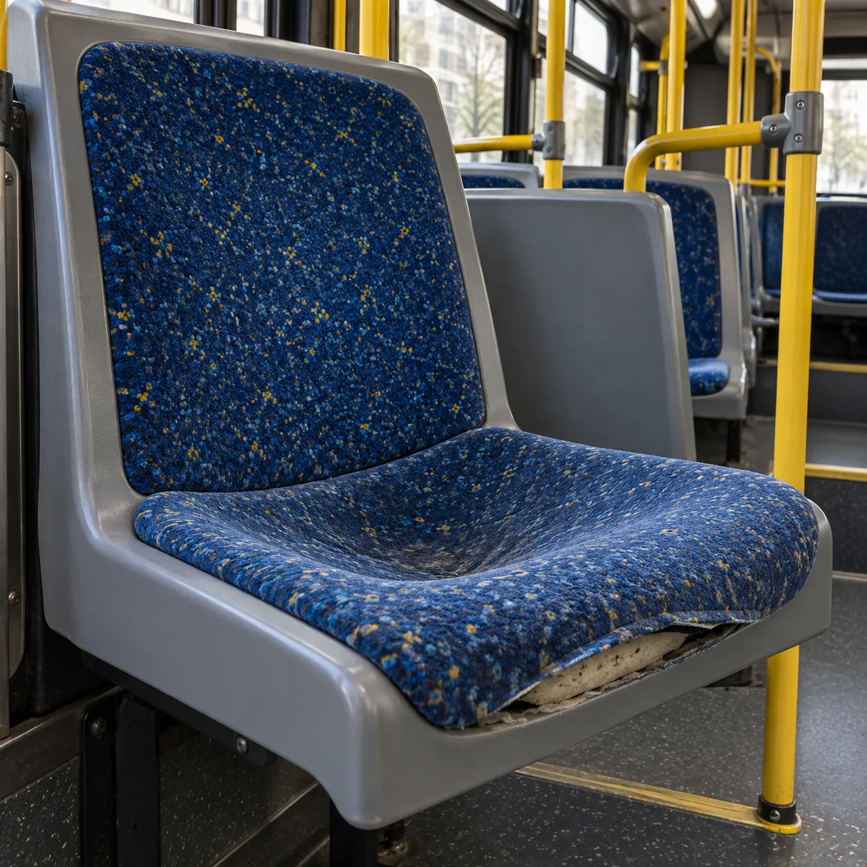 A bus seat pressed down showing collapsed foam underneath