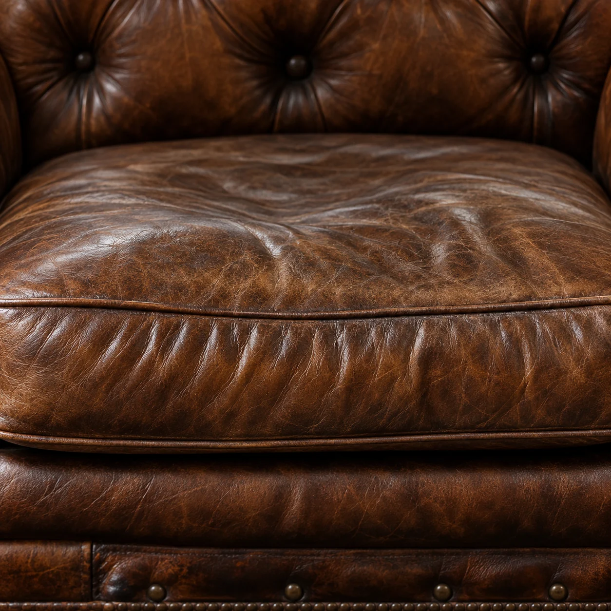 Tack heads along the bottom rail of a sagging antique leather sofa