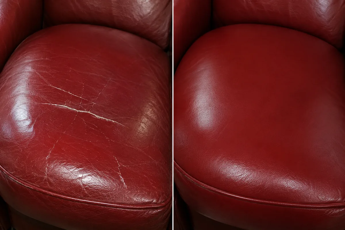 Scratched red leather before and after