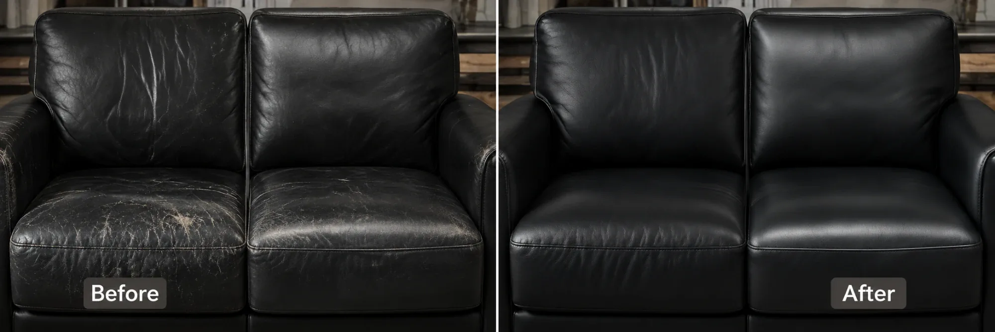 Worn black leather sofa before and after recoloring