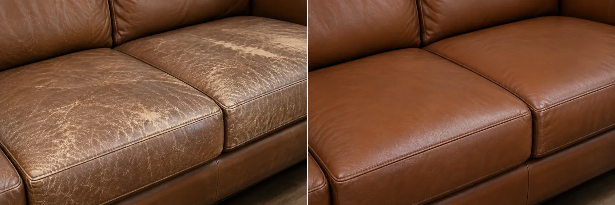 Cracked brown sofa before and after
