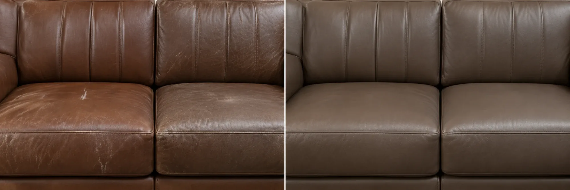 Worn brown leather sofa before and after