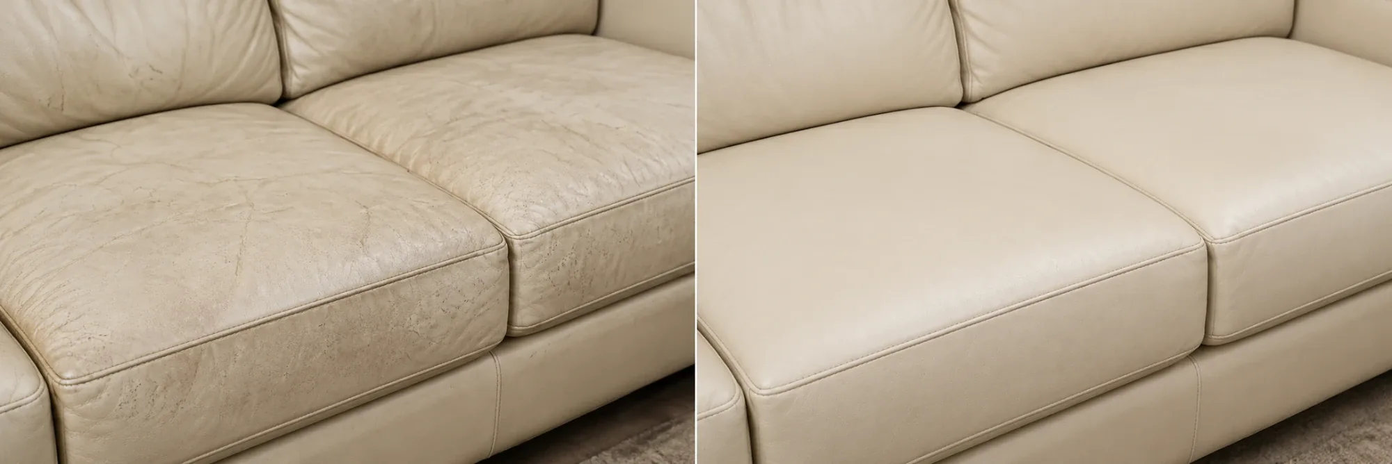 Cream leather sofa before and after recoloring