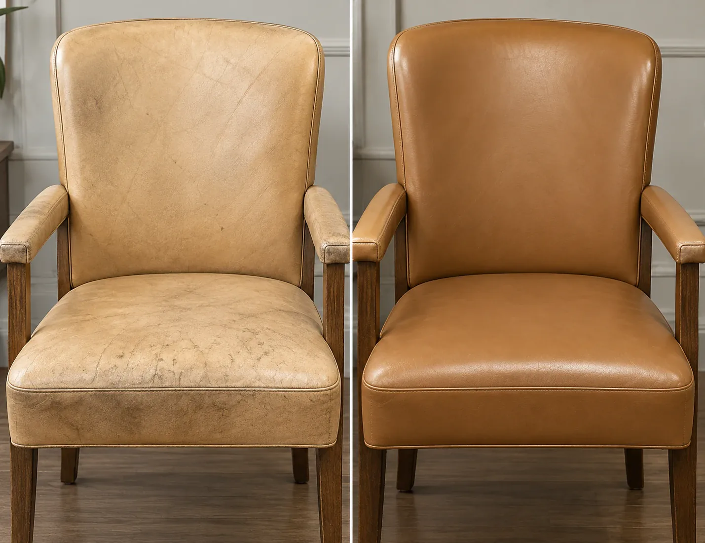 Faded tan armchair before and after recoloring