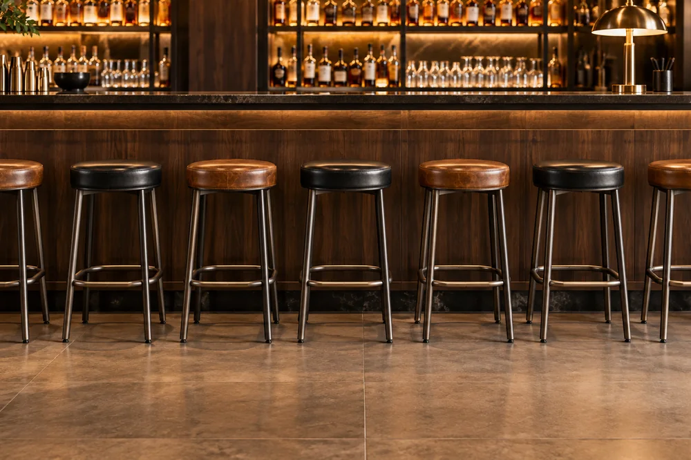 Leather bar stools along a commercial bar counter