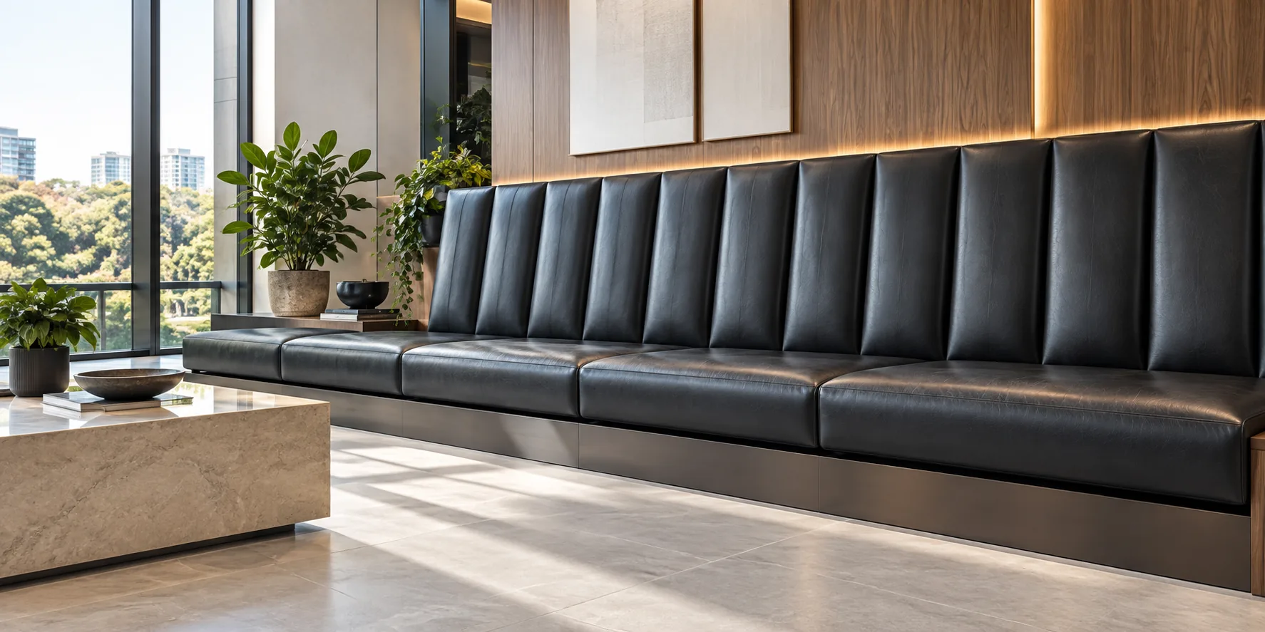 Built-in black leather banquette against a slatted wood wall