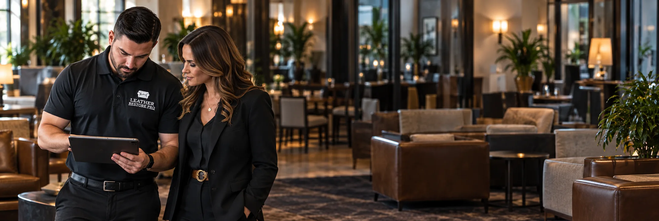 Two specialists walking a hotel lounge with a tablet before the visit is scheduled