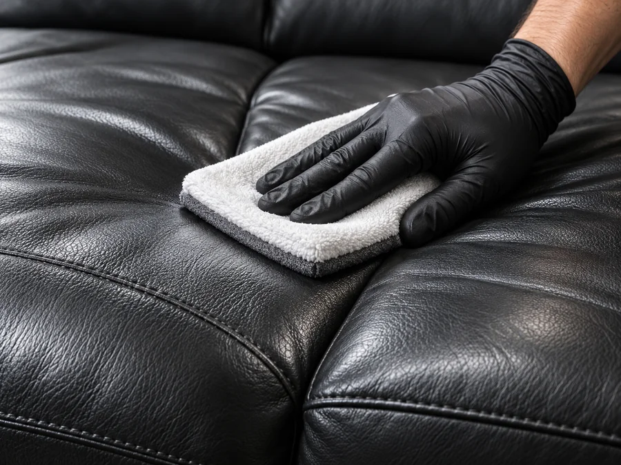 Gloved hands cleaning and conditioning a leather seat during scheduled maintenance