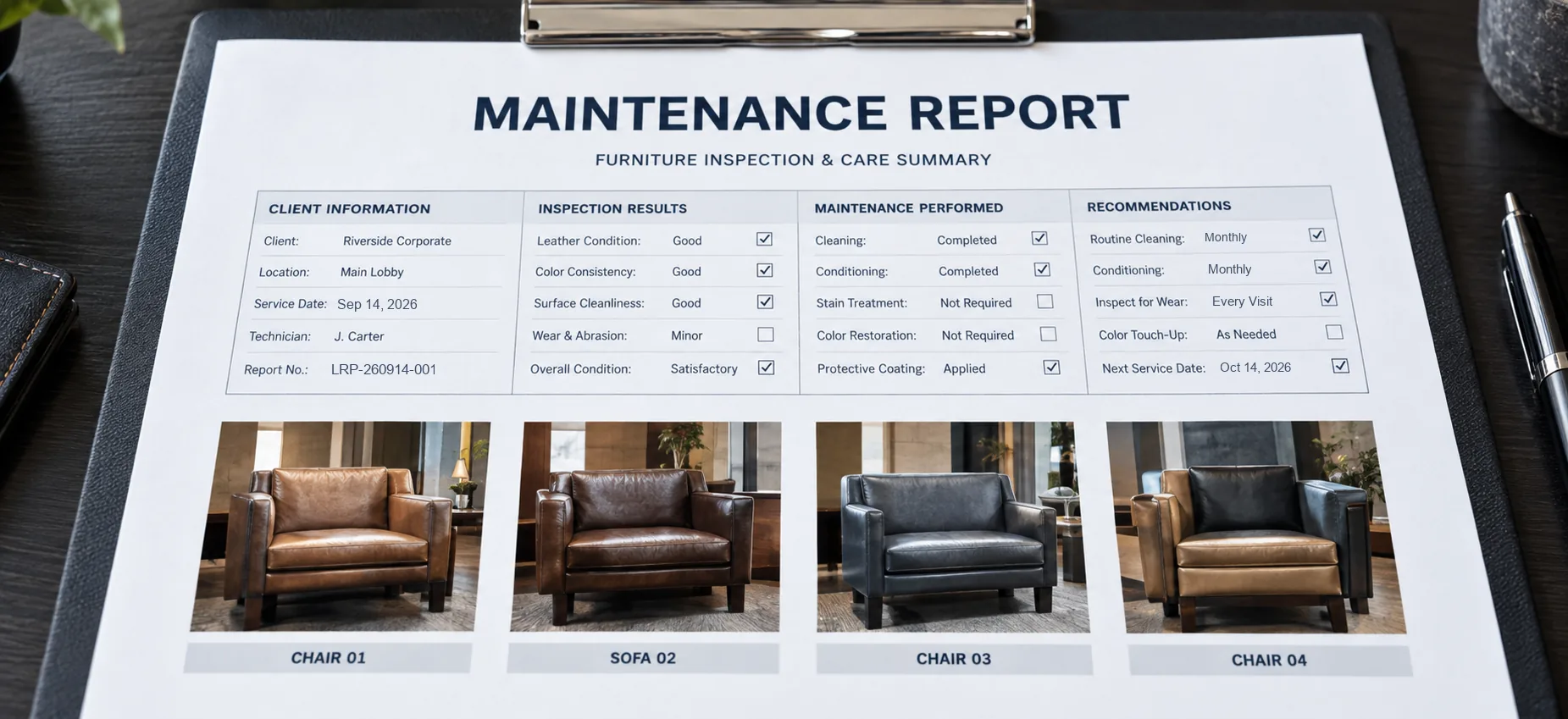 A printed furniture repair report listing each piece with its photo and the work done