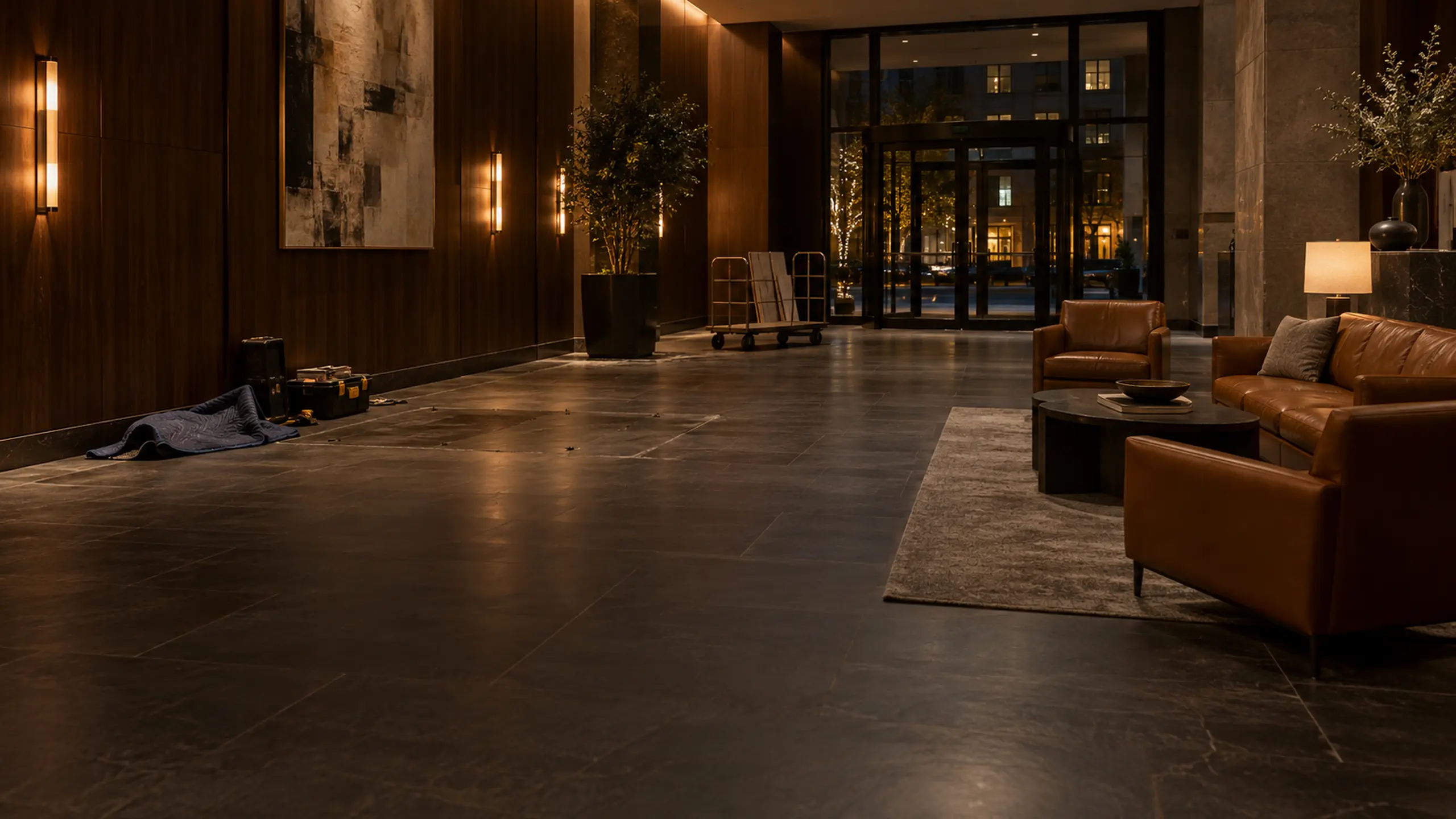 Commercial furniture refurbishment — a residential building lobby at night with half its lounge seating removed for its wave of work