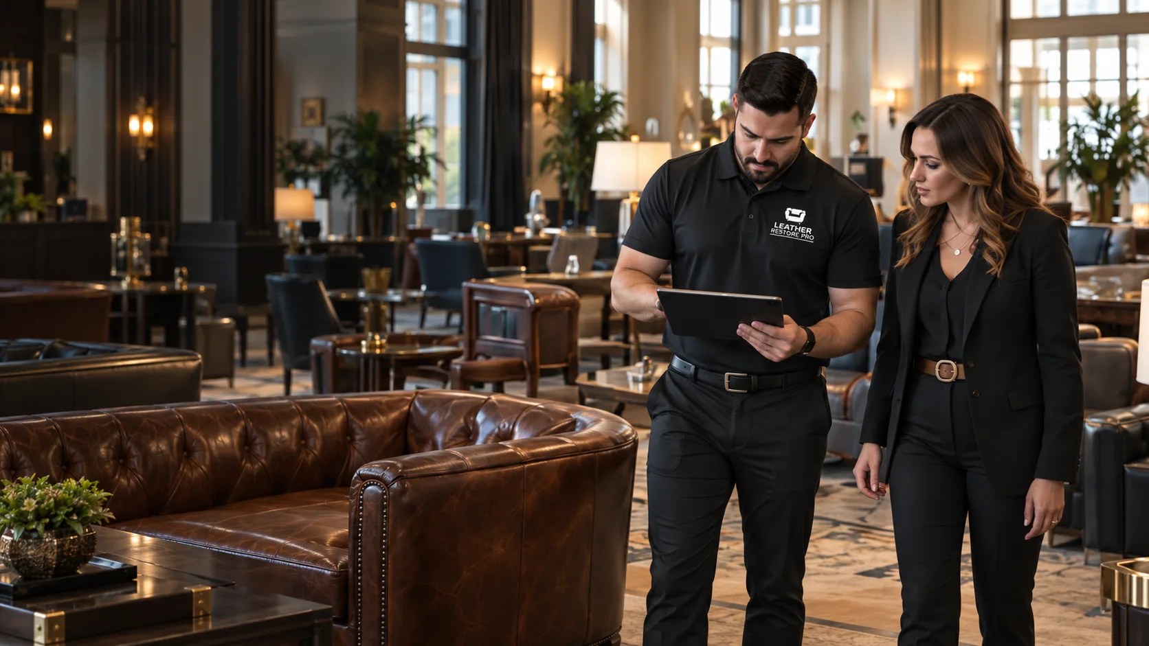 A Leather Restore Pro specialist and a property manager reviewing hotel lounge seating during a commercial furniture assessment in New York
