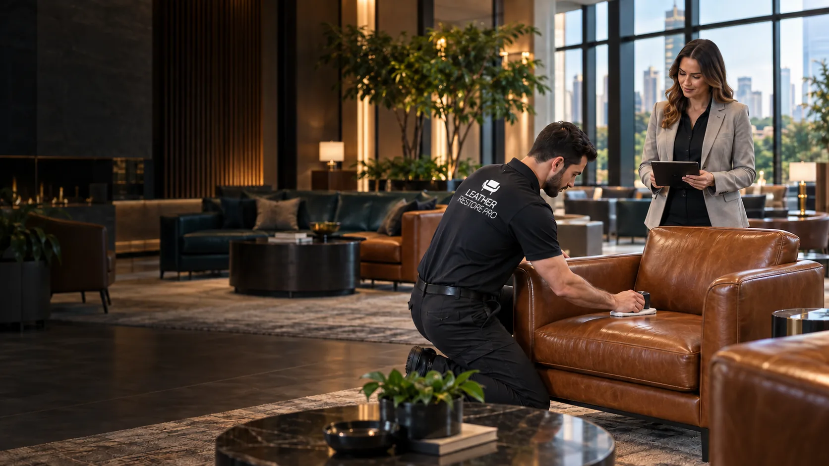 A technician working on a leather sofa in a hotel lobby while a manager watches