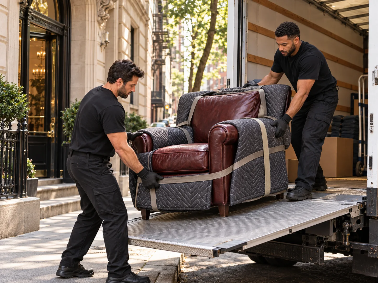 Movers loading a padded leather armchair onto a truck