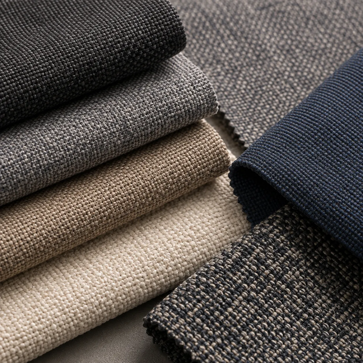 Stacked commercial upholstery fabric swatches in gray and navy