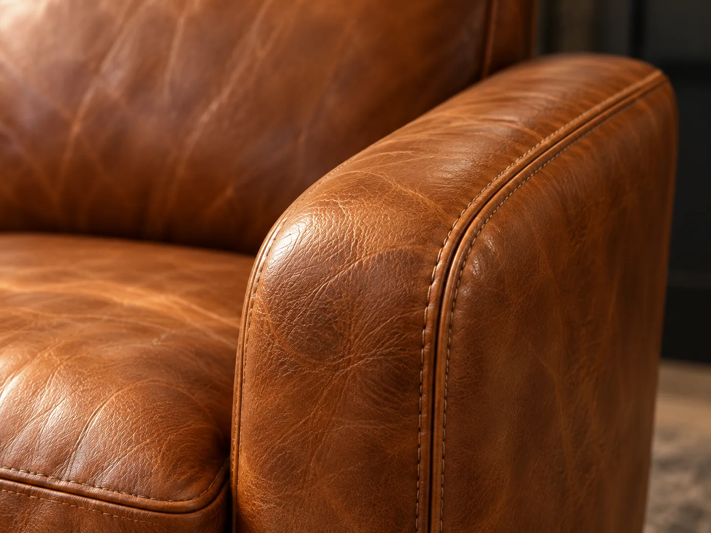 A close-up of cognac leather on an amenity club chair
